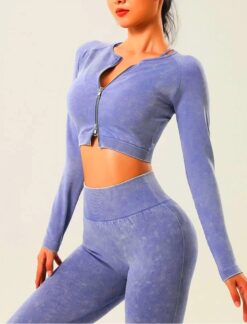 Acid Purple Seamless Leggings & Zip Up Long Sleeve Crop Top